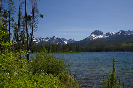 Little Redfish Lake in the Sawtooth Mountains near Stanley, Idahoの写真素材