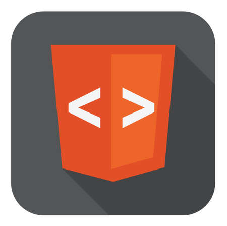 vector illustration of orange shield with html tag on the screen, isolated web site development icon on white backgroundのイラスト素材