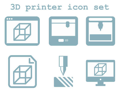 vector icon set of 3d printing technology, flat blue isolated icons: display, window, blueprint, device on white backgroundのイラスト素材