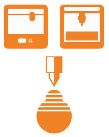 icons of 3d printing technology, flat orange devices on white background isolated vector