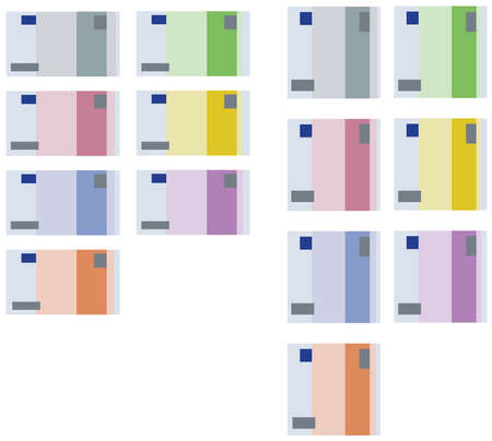 vector square rectangle collection of euro banknotes, all types of euro, simple shape design isolated on white backgroundのイラスト素材
