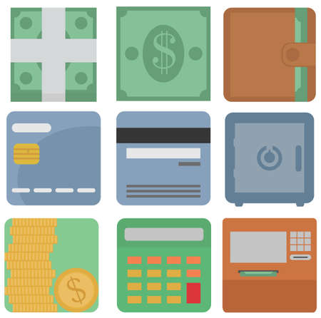 vector collection of finance icons  dollars, cash, wallet, card, safe, atm machine, coins, calculator round edges square icon isolated set on white backgroundのイラスト素材