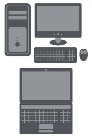 personal computer with processing unit, display, keyboard and mouse and laptop on white background,  isolated, 2 colorsのイラスト素材