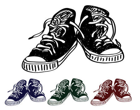 hand drawn collection of sneakers red black green blue isolated on white backgroundのイラスト素材