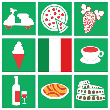 collection of icons about italy: flag, food, vehicle, pizza, coffee, icecream, wine. isolated green square iconsのイラスト素材