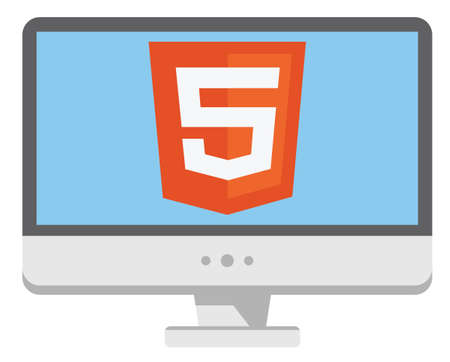 vector icon of personal computer with html5 sign on the screen, isolated simple flat illustration on white backgroundのイラスト素材