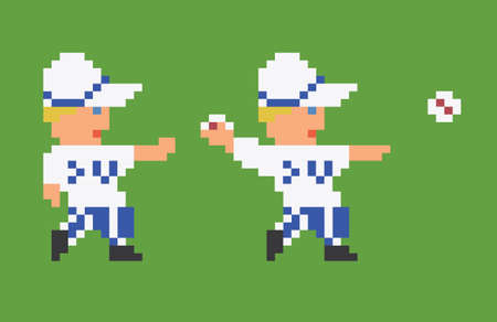 pixel art 8bit baseball player in white uniform throwing a ball on green background