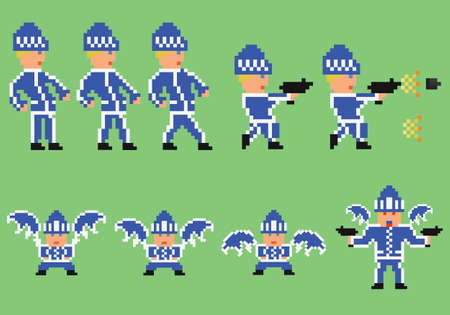 pixel art set of bandit in blue sport clothes walking, flying and shooting for game design developmentのイラスト素材