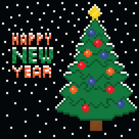 pixel art style christmas tree decorated with balls and snow flakes isolated on blackのイラスト素材