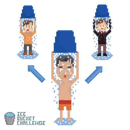 set of three pixel art persons malking ice bucket chalenge in chain isolated on whiteのイラスト素材