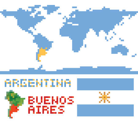 Argentina on world map, border shape flag and capital buenos aires isolated on whiteのイラスト素材
