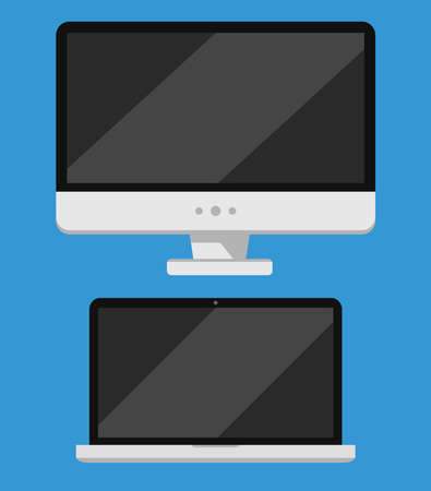personal computer screen and laptop flat design illustration on blue backgroundのイラスト素材