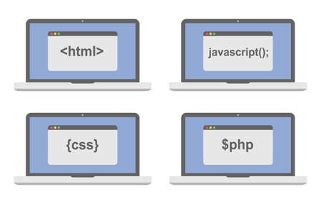 web development icon set - laptop screen shows internet html tags css styles, scripts isolated