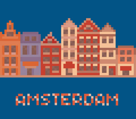 pixel art illustration shows amsterdam holland facades of old houses street on dark blue backgroundのイラスト素材
