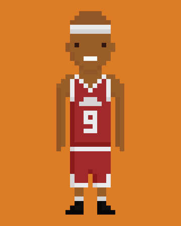 pixel art style young black man basketball player in red uniform with number 9 on orange backgroundのイラスト素材