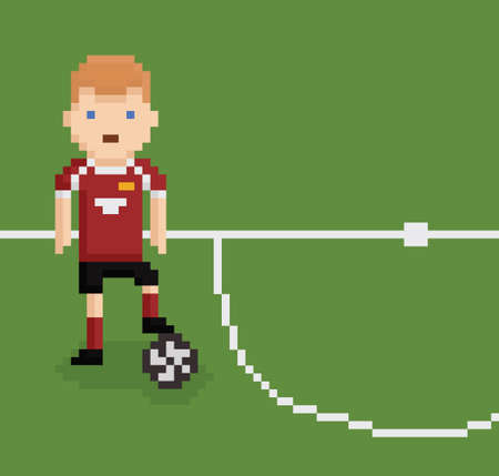 pixel art style illustration football soccer player on green field with white line holding the ball with his leg in red uniformのイラスト素材