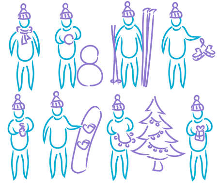 illustration set of winter activities - sport and holidays celebration outdoors isolated blueのイラスト素材