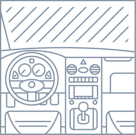 flat simple line illustration of car interior view - window, whell, panel, pedals gray lines on white background iconのイラスト素材