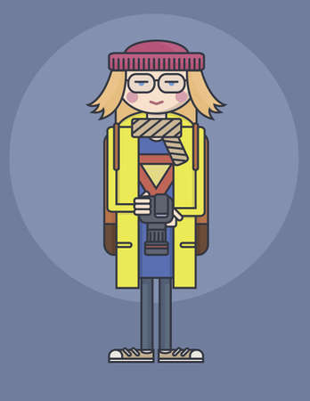 flat design line drawn girl in glasses and yellow coat holding photo camera smiling photograph illustarion on blue backgroundのイラスト素材