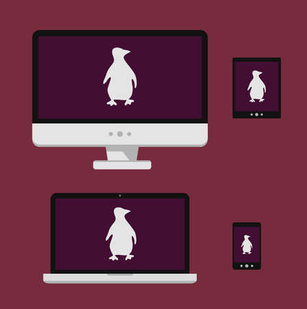 Vector illustration laptop, smartphone, tablet, computer screen with white linux penguin silhouette...