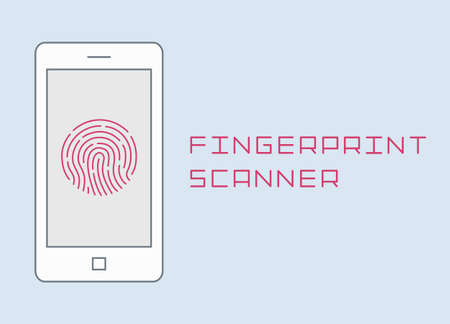 Fingerprint scanning on smartphone vector flat design thin line illustration. mobile phone finger  identification isolated on white simpleのイラスト素材