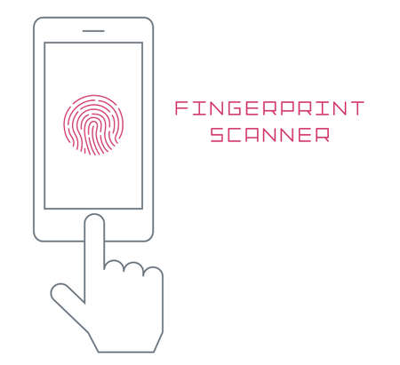 Fingerprint scanning on smartphone vector flat design thin line illustration. mobile phone finger  identification isolated on white simpleのイラスト素材