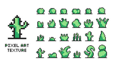 Set of pixel art green bushes on white background 8 bit isolated vector illustration texture