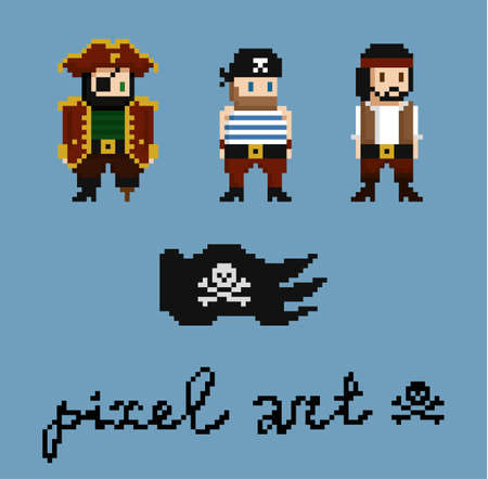 Pixel art characters set. Pirate crew members - captain, cabinboy. Black pirate flag with skull and...