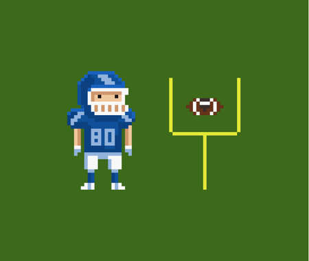 Vector pixel art illustration - American football gridiron player, oval-shaped football and goalpostsのイラスト素材
