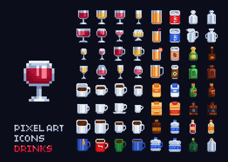 Vector pixel art illustration - hot, cold and alcohol drinks set coffee, tea, vine, whiskey 8 bit icons.のイラスト素材