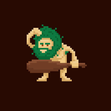 Pixel art primitive ancient cave man holding a club. Vector illustration character. Game asset 8-bit spriteのイラスト素材