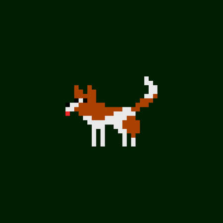 Vector pixel art icon - dog brown and white color, game design 8 bit sprite isolated animal...