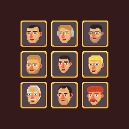 Pixel art vector illustration set of various pixelated cartoon old and young man faces isolated square avatarsのイラスト素材