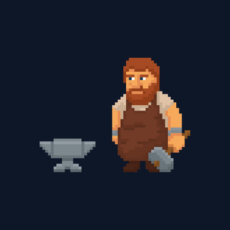 Pixel art character - blacksmith with hammer and anvilのイラスト素材