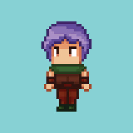 Pixel art anime style fantasy character in brown leather outfit and green capeのイラスト素材