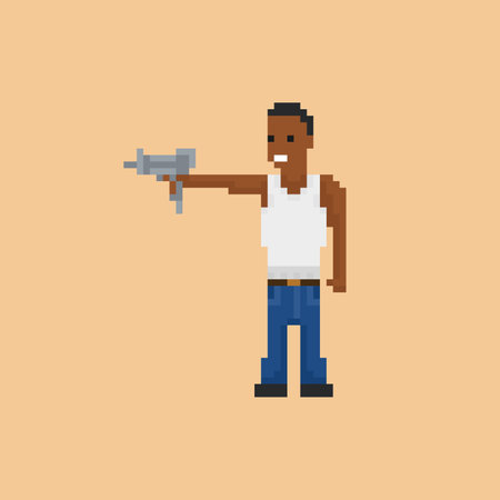 Gangster criminal character. Afro american man pointing UZI gun gangsta rap character with black hair, white shirt and loose large size pants, pixel art retro style vector illustrationのイラスト素材