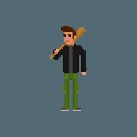 Gangster criminal character. Man holding a bat wearing black leather jacket and cargo pants, 8 bit pixel art character. Mafia, gangster thug retro theme, vector illustration.のイラスト素材