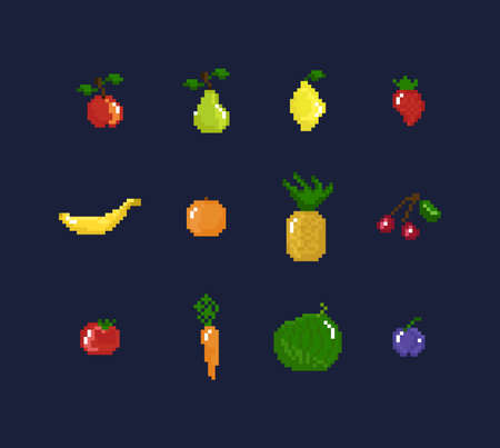 Vector pixel art illustration set - retro style fruits, vegetables and berries setのイラスト素材