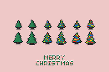 Vector pixel art illustration holiday set of Pixel art Merry Christmas tree. Flat design 8 bit outline illustration on light backgroundのイラスト素材