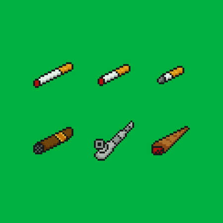 8 bit pixel art vector illustration set. cigarette, cigar, joint, pipe smoking accessories, isolated...