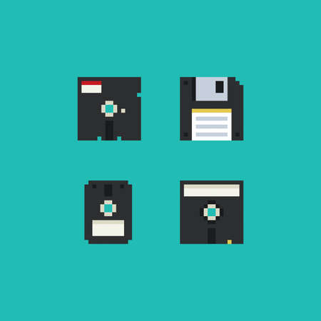 Floppy disk save icon set. Pixel art 8 bit retro. Video game vintage sprite. Isolated vector...