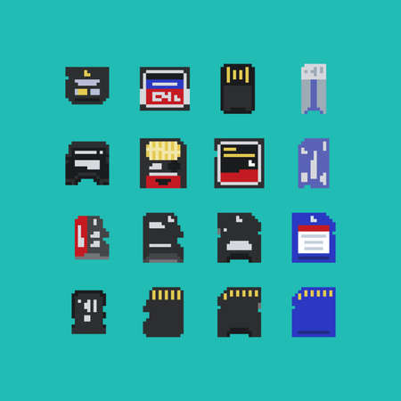 Pixel art phone and photo memory card vector 8 bit icon set on light blue background. Video game...