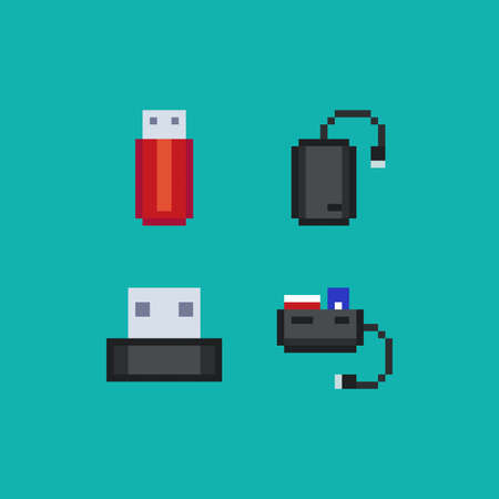 Pixel art usb flash drive, card reader and external storage device, vector 8 bit icon set on light...