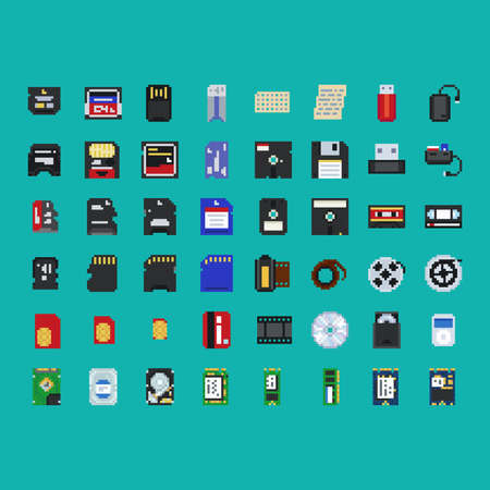 Vector illustration of digital and analogue storage devices - disc, card, floppy, tape, hard drive, flash memory isolated video game asset icon setのイラスト素材