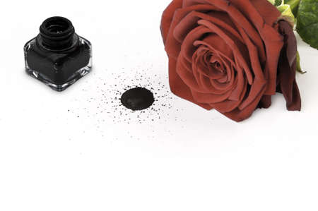 Red rose, ink pot and drop on white paperの写真素材
