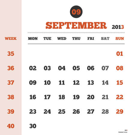 Calendar template for the month of september 2013 with weeks and daysのイラスト素材