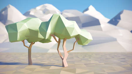 Low polygon 3D trees and mountains in summer sceneの写真素材