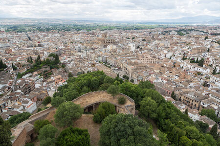 A view of the city of Granada, Spain, from the tall tower of the Alhambra (Red Castle) overlooking the city.のeditorial素材