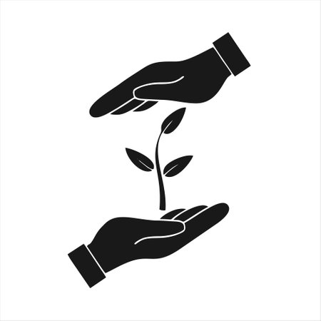 Human hand holding sprout. Black icon on white background. Vector illustration.のイラスト素材