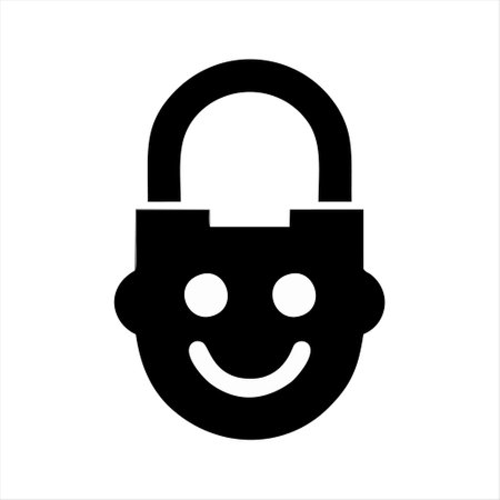 Smiling face with closed padlock icon on white background. Vector illustration.のイラスト素材